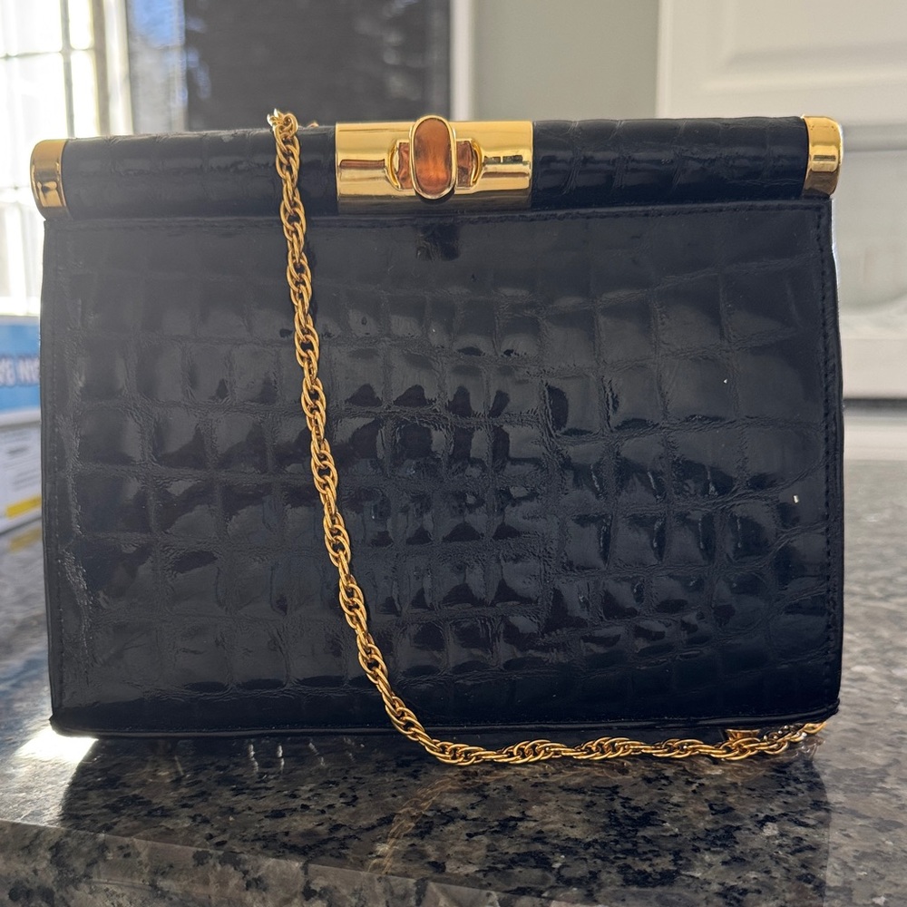 Black Croc-Embossed Crossbody Bag with Gold Chain and Turn-Lock